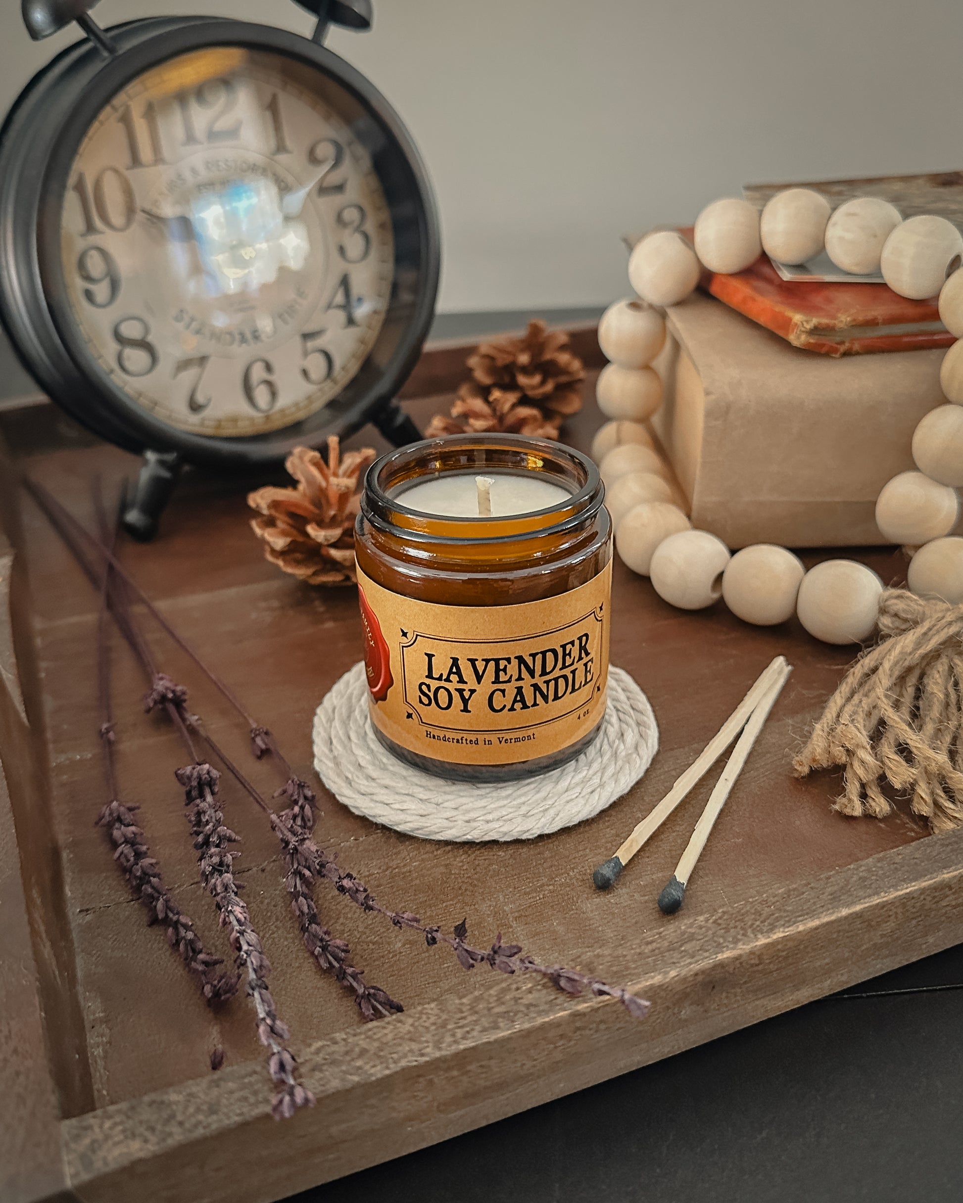 Unlit Lavender Soy Candle in an Amber Jar