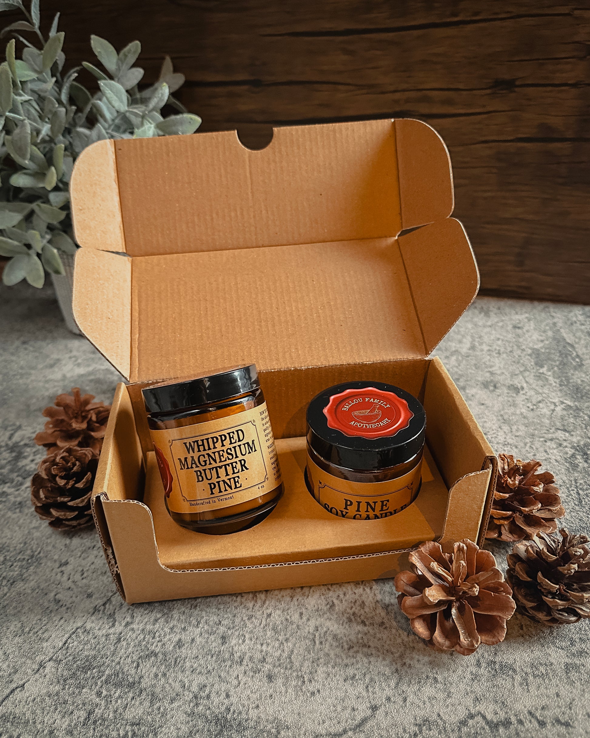 Pine magnesium butter and soy candle gift set – Ballou Family Apothecary