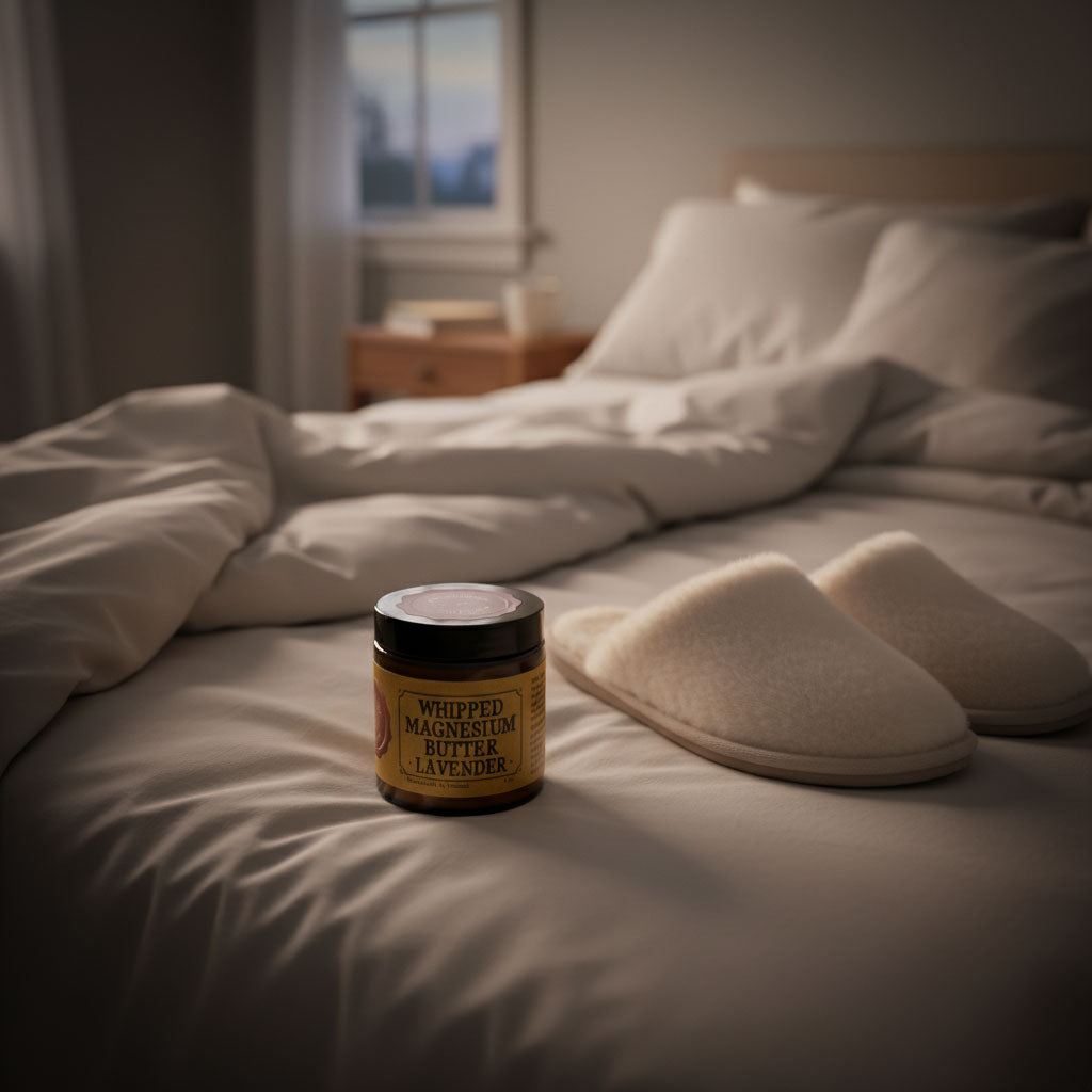 Jar of Magnesium Butter on a bed next to slippers