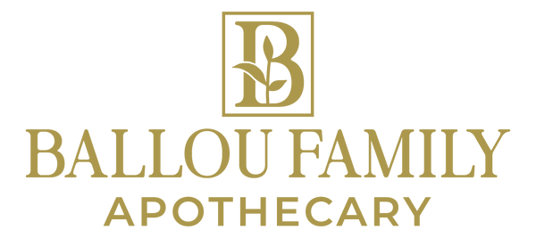 Ballou Family Apothecary logo with a stylized 'B' and text on a white background