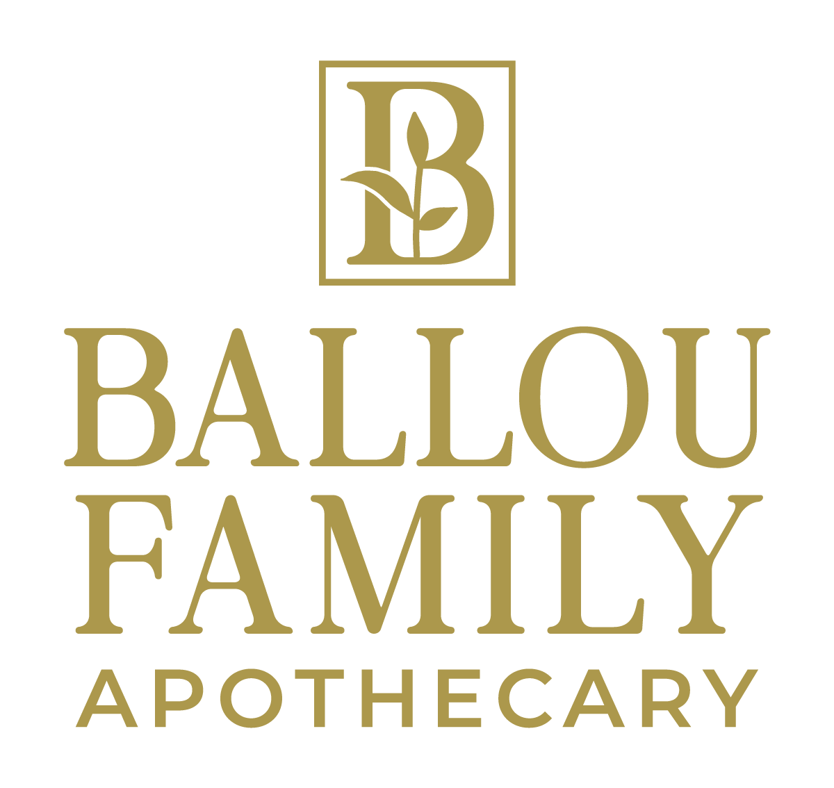Gold logo and text of Ballou Family Apothecary on a white background