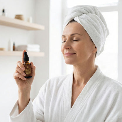Woman in a white robe with a towel on her head holding a bottle of Ballou Family Apothecary skincare product.
