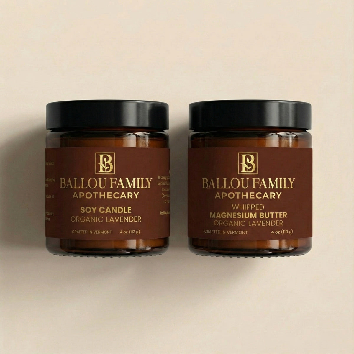 Two jars of Ballou Family Apothecary products on a beige background