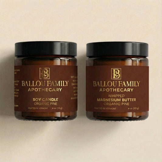 Two jars of Ballou Family Apothecary products on a beige background