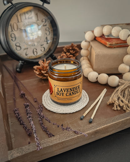 Unlit Lavender Soy Candle in an Amber Jar
