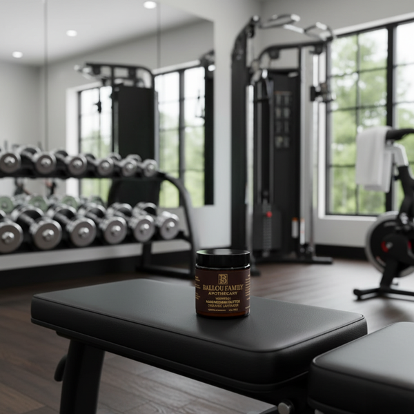 Jar of Ballou Family Apothecary's Magnesium Butter on a gym bench with fitness equipment in the background