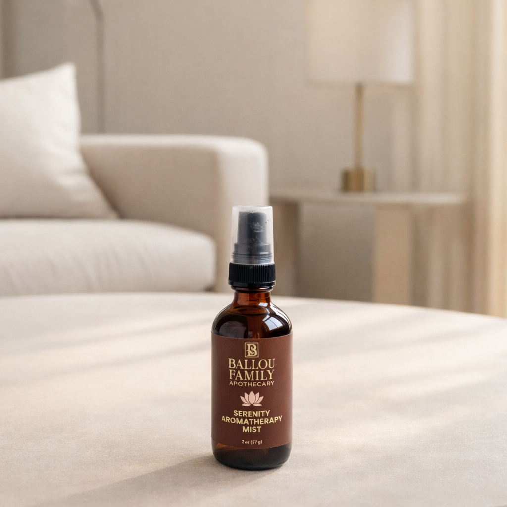 Bottle of Ballou Family Apothecary Serenity Mist on a beige coffee table
