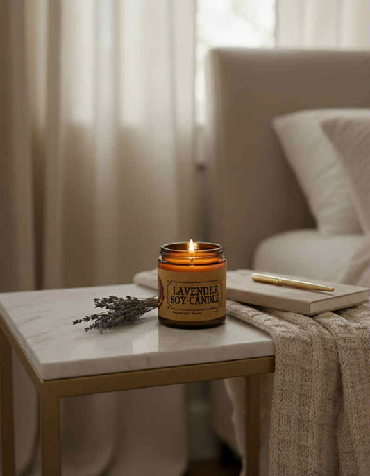 Lavender Soy Candle on Nightstand
