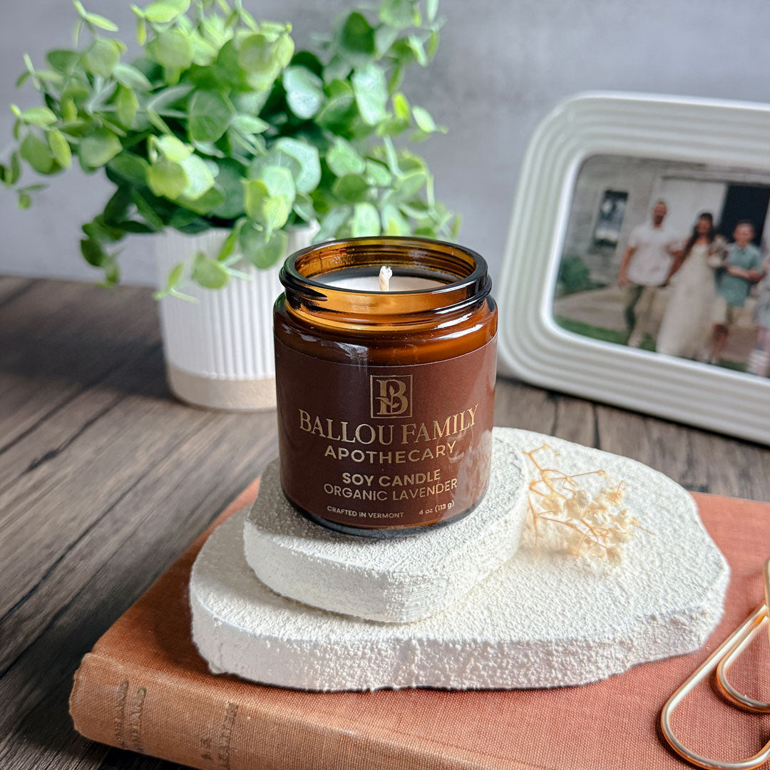 Ballou Family Apothecary candle on a stone coaster with a plant and photo frame in the background.