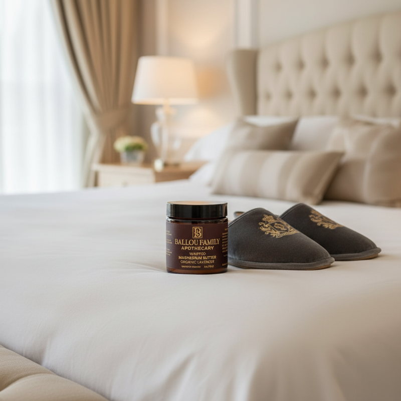 Jar of Balou Family Apothecary product and slippers on a bed in a bedroom setting