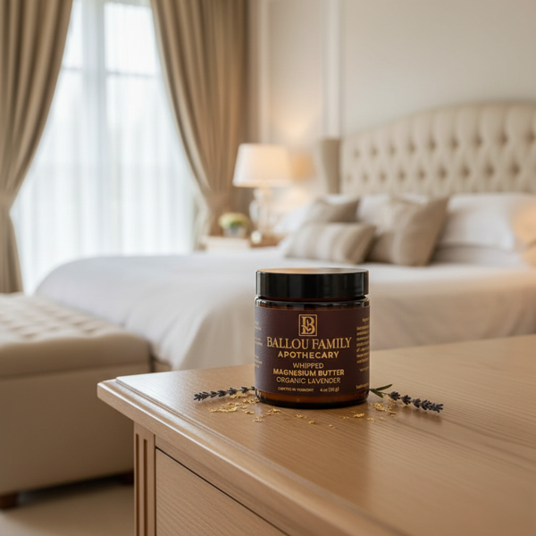 Ballou Family Apothecary Lavender Magnesium Butter on a dresser in a bedroom