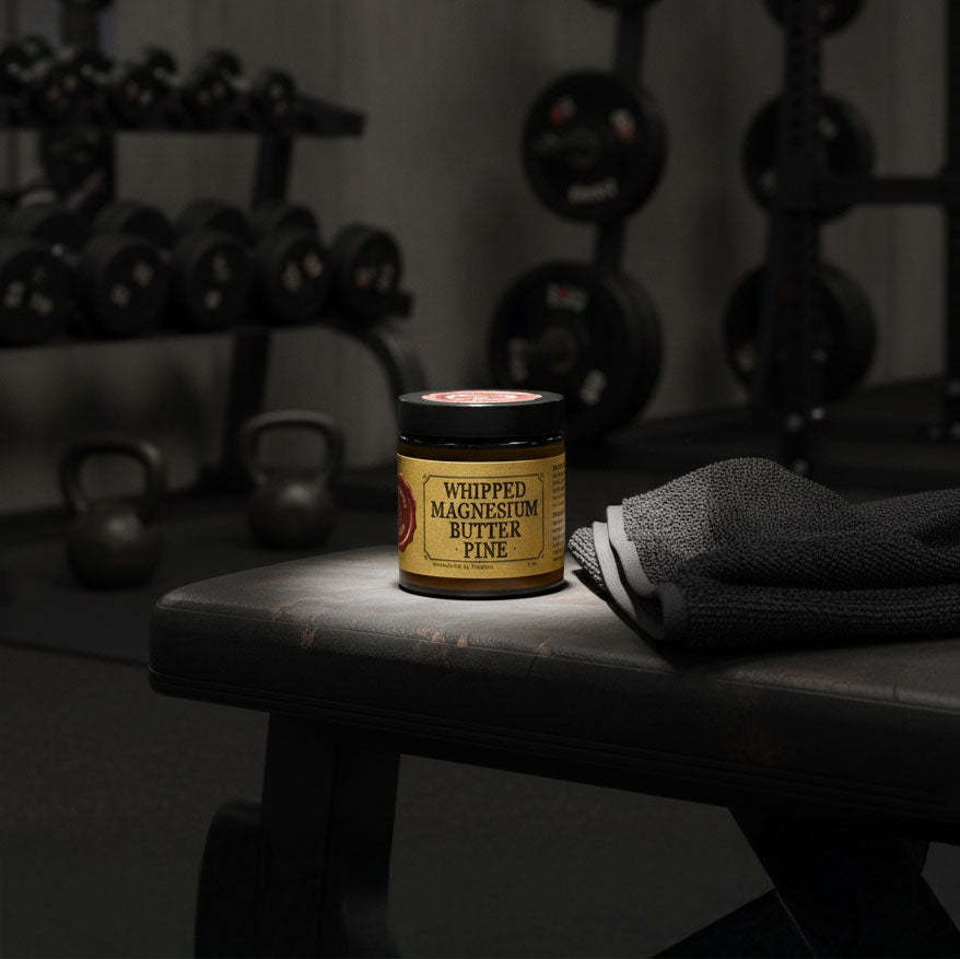 Ballou Family Apothecary Magnesium Butter on a workout bench