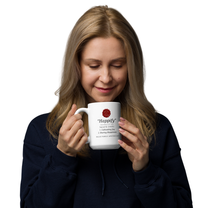 Morning coffee mug with Happify logo and positive message