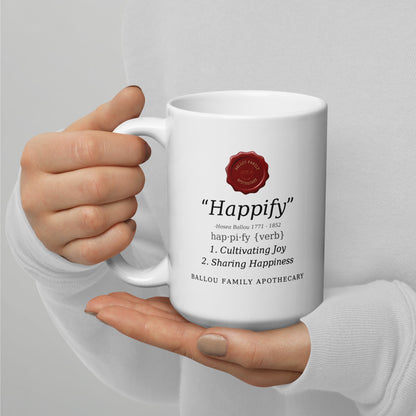 White ceramic Happify coffee mug with inspirational design